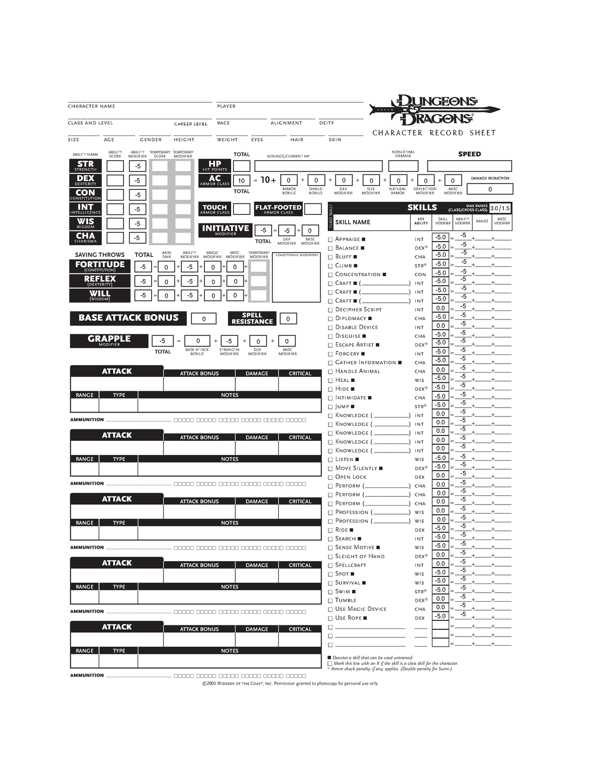 Blank Character Sheet - Appraise int Balance dex* Bluff cha Climb str ...