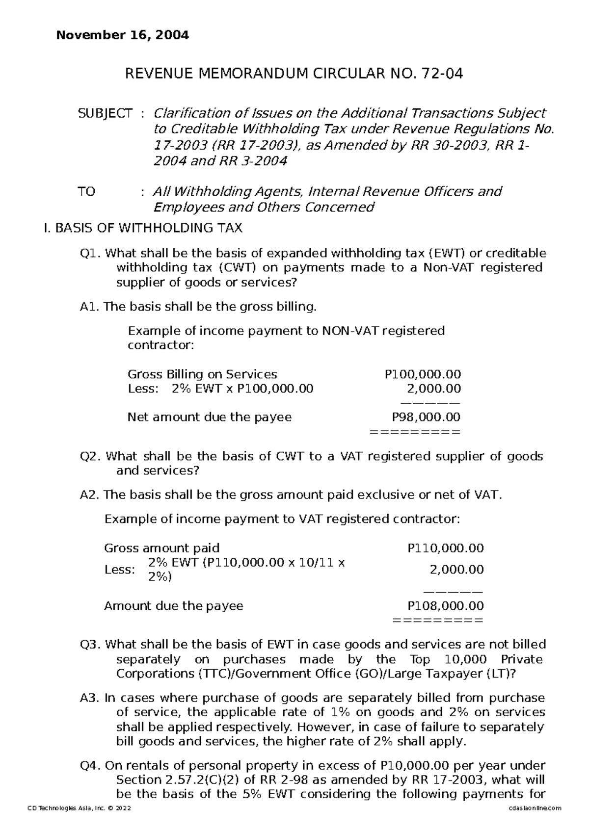 RMC 72-04 - RMC 72-04 - November 16, 2004 REVENUE MEMORANDUM CIRCULAR ...