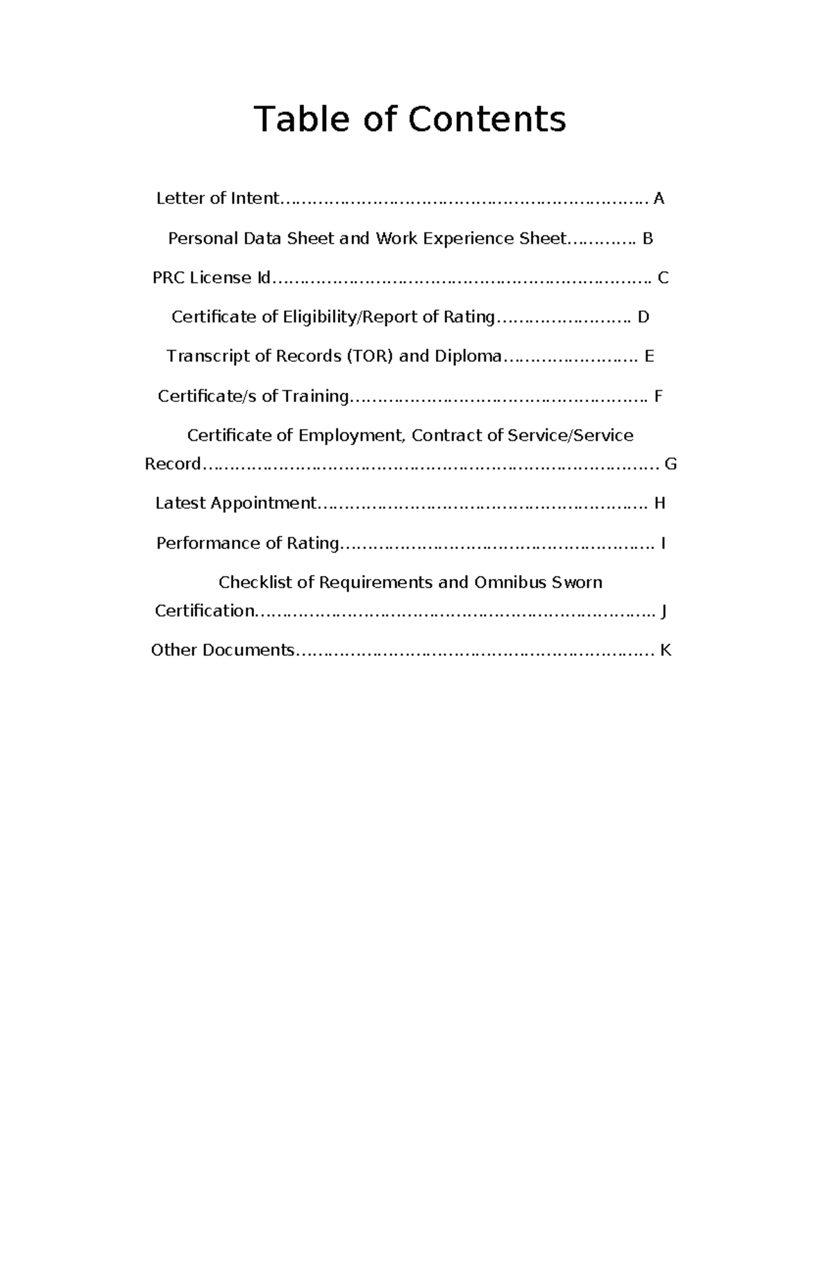 Table of content - Table of Contents Letter of - Studocu