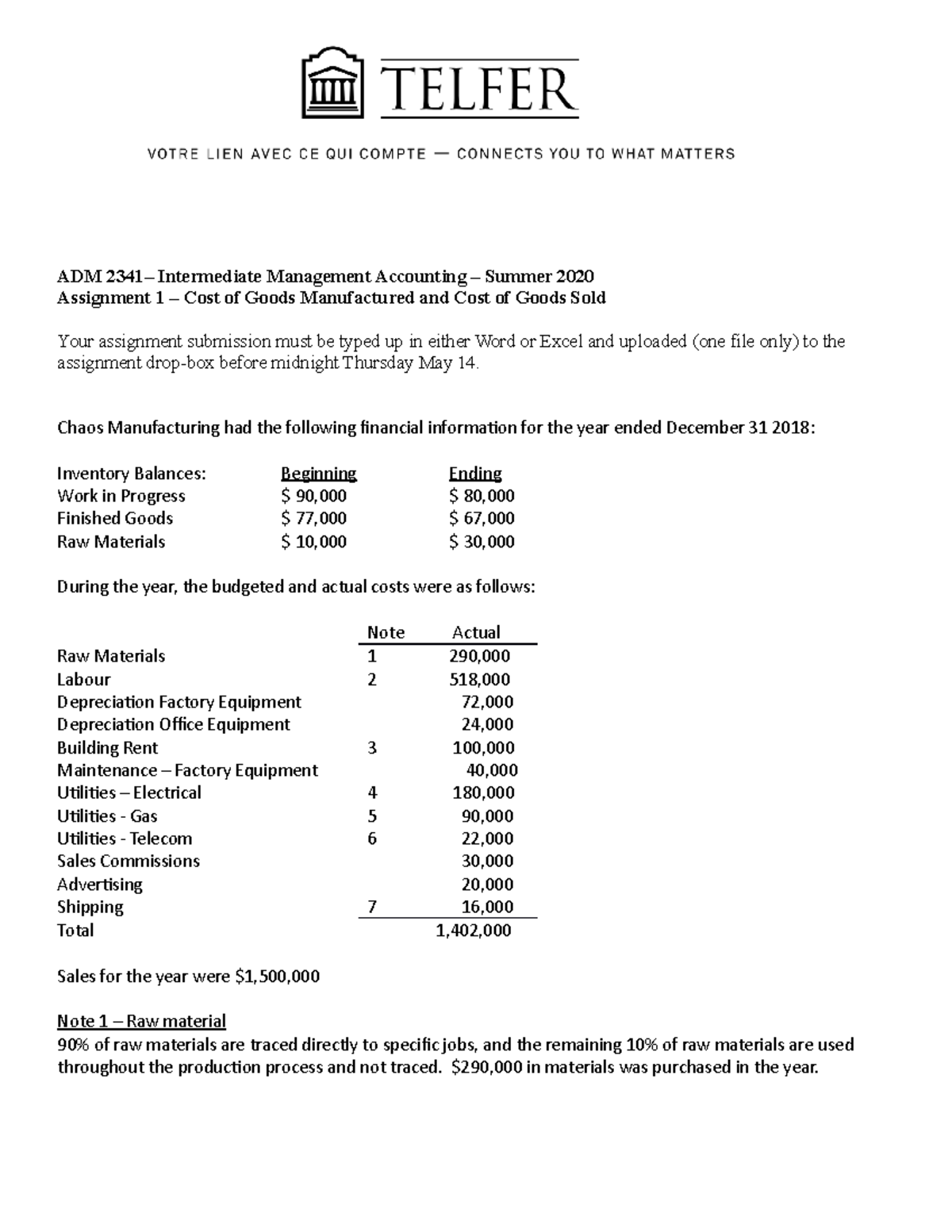 Adm2341 Assignment 1 Managerial Accounting Telfer Adm 2341 Intermediate Management Adm2341 Assignment 1 Managerial Accounting Telfer Adm 2341 Intermediate Management
