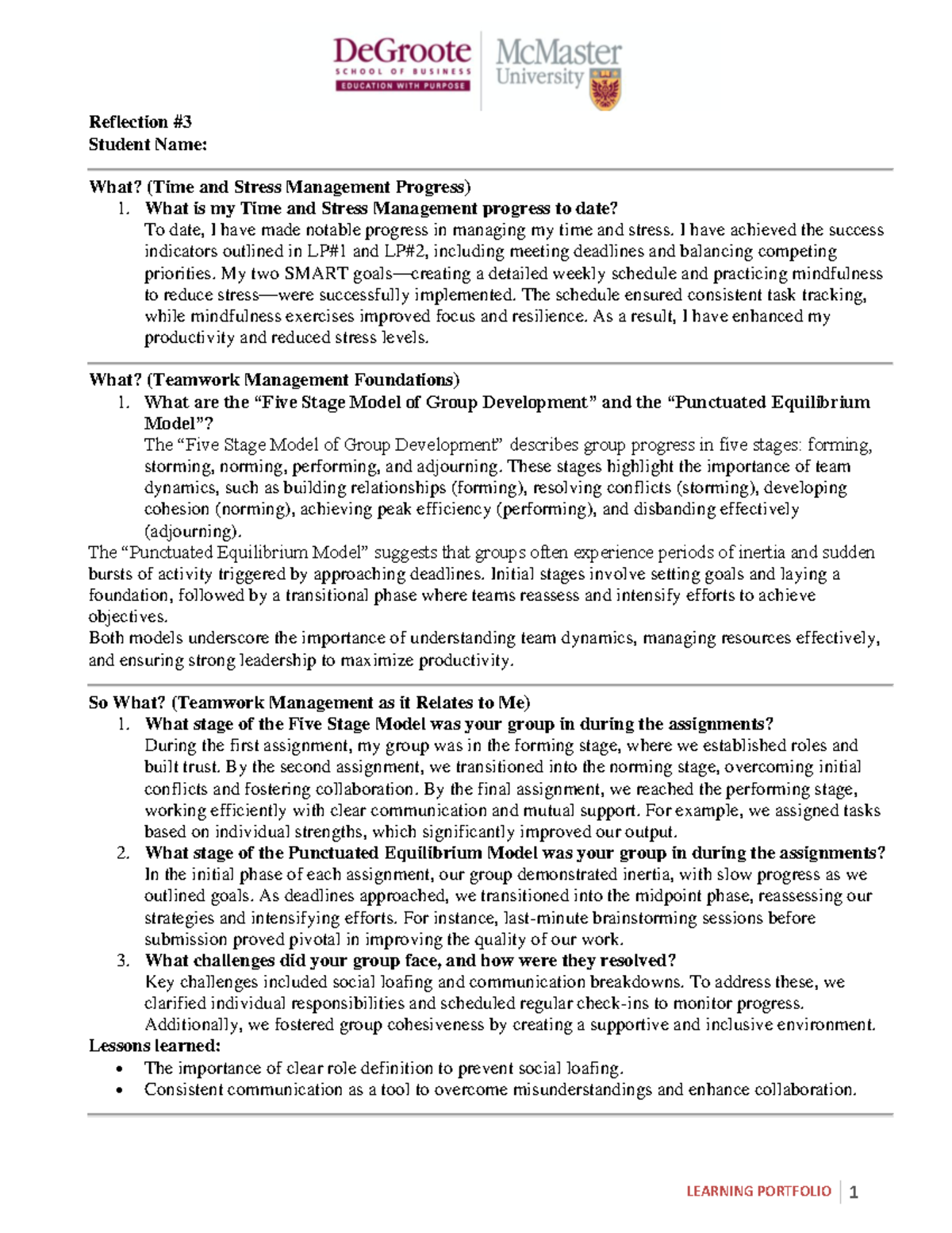 LP Reflection #3 - 1BA3 - Teamwork Management Template Fall 2024 ...