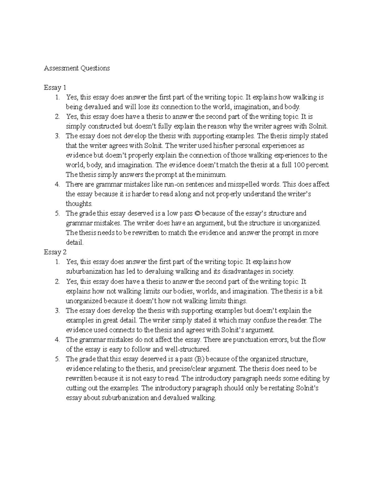 Assessment Questions - answers to homework assignment - Assessment ...
