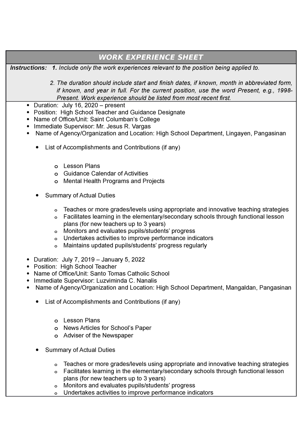 WORK Experience - learning - WORK EXPERIENCE SHEET Instructions: 1 ...