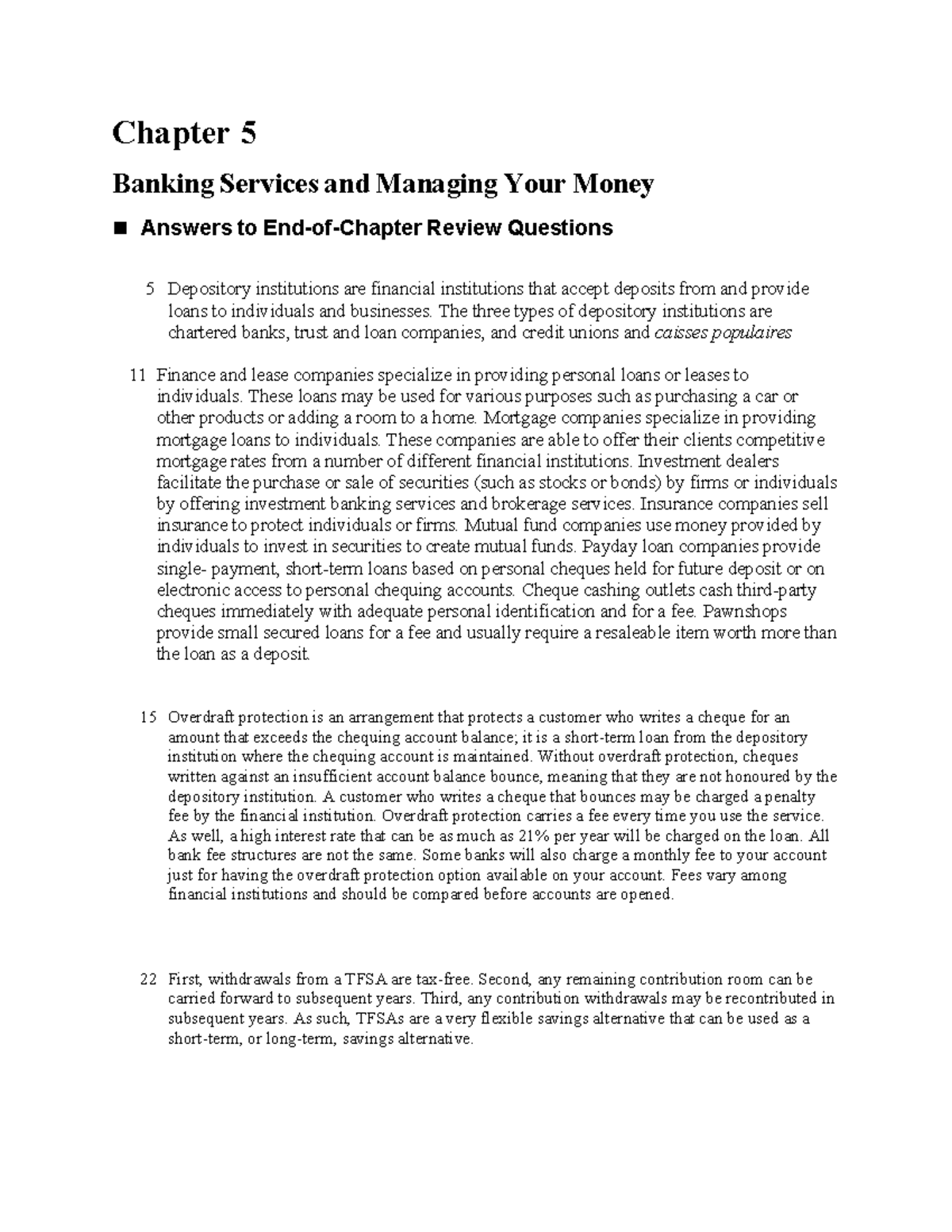 Midterm 2 Practice Problem Solutions Chapter 5 Banking Services and