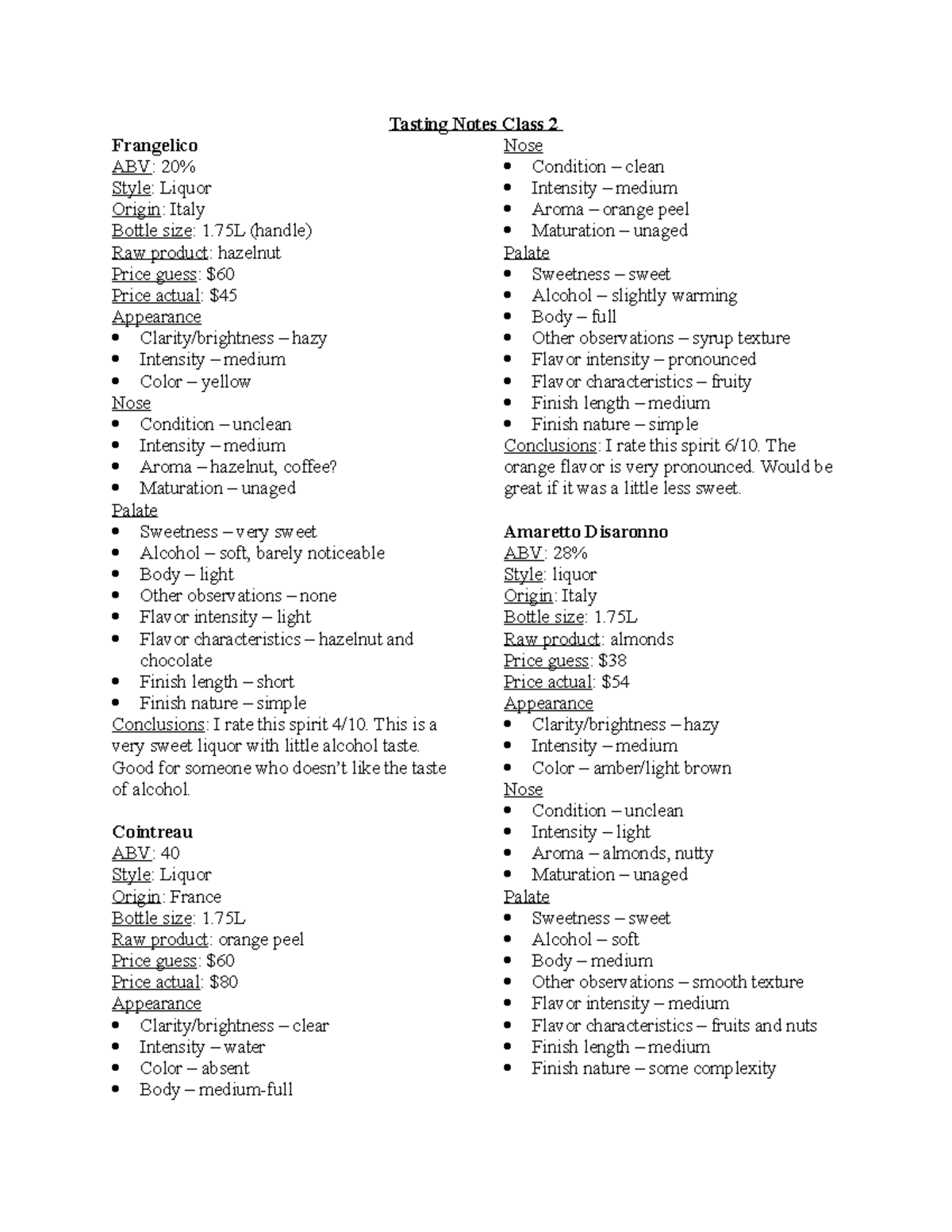 Tasting Notes Class 2 This is a very sweet liquor with little alcohol taste. Good for someone