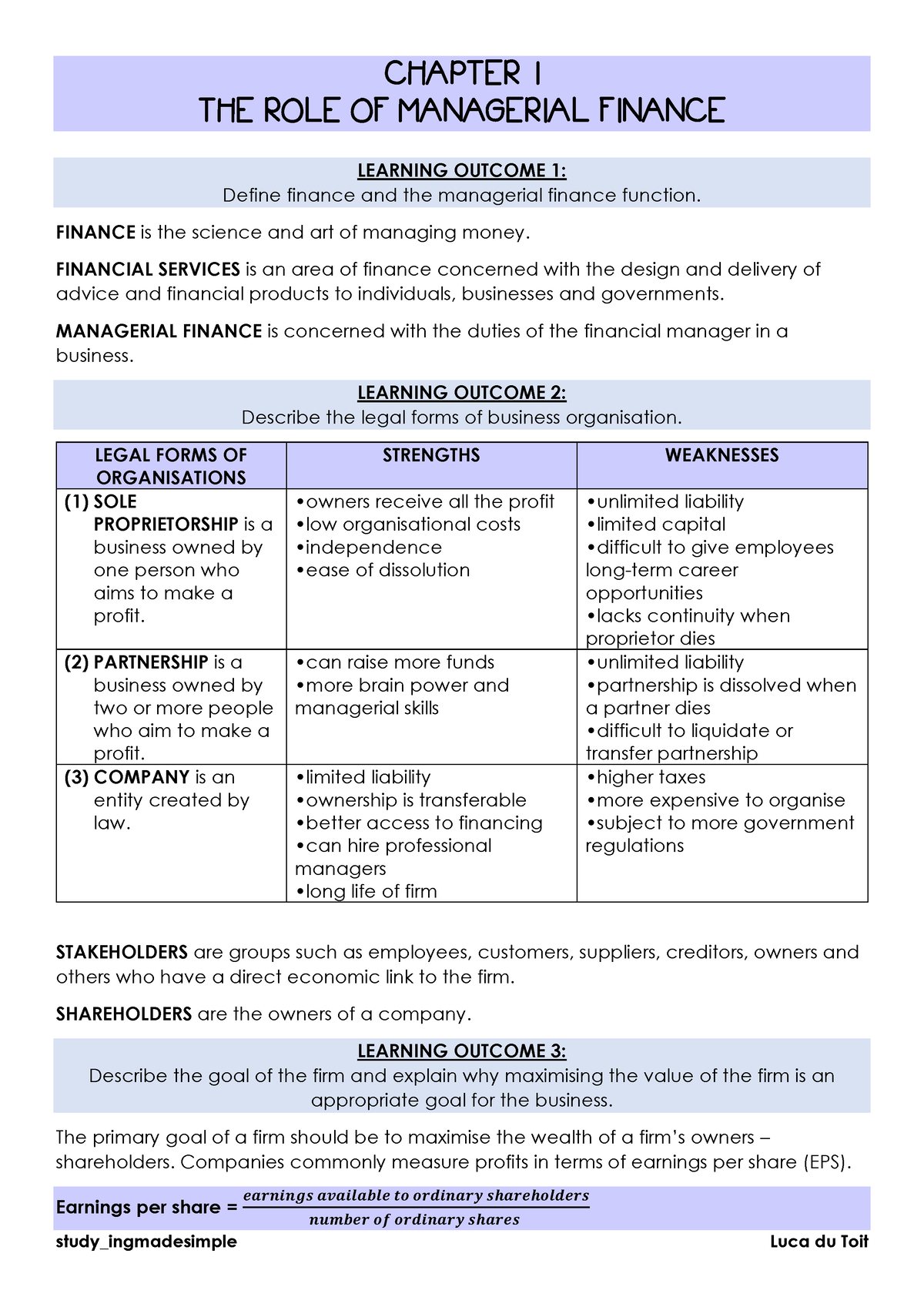 Chapter 1 THE ROLE OF Managerial Finance - Study_ingmadesimple Luca Du ...