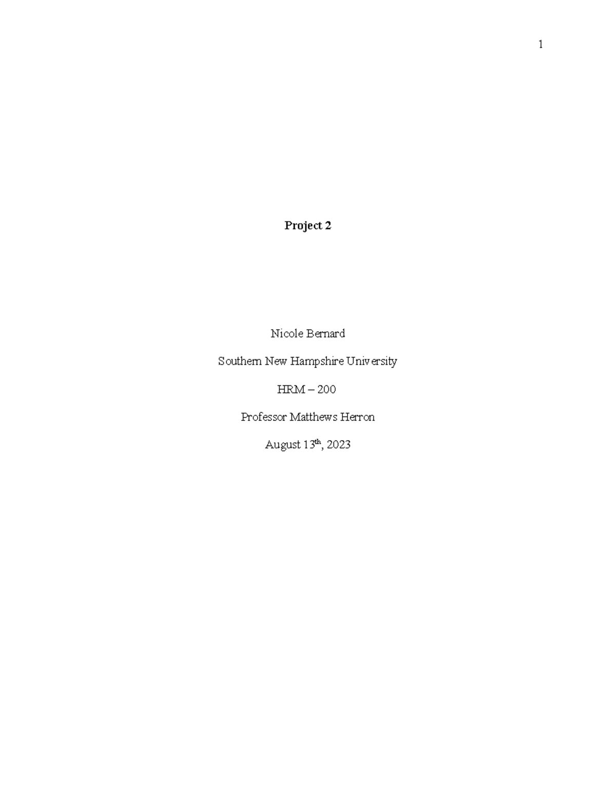 HRM 200 Project Two Template - Project 2 Nicole Bernard Southern New ...