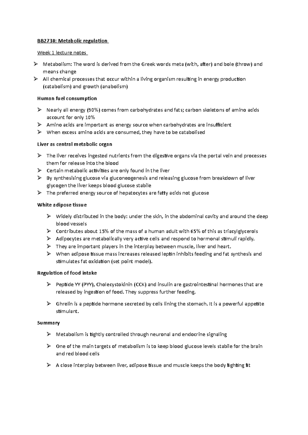 BB2730 - week 1 lecture notes - BB2730: Metabolic regulation Week 1 ...