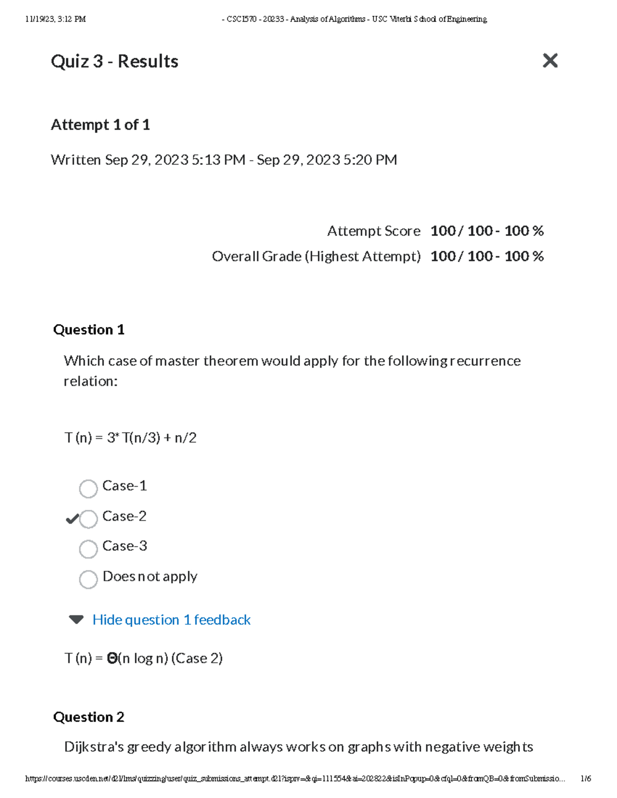 University Of Southern California Fall23 Quiz3 - Quiz 3 - Results ...