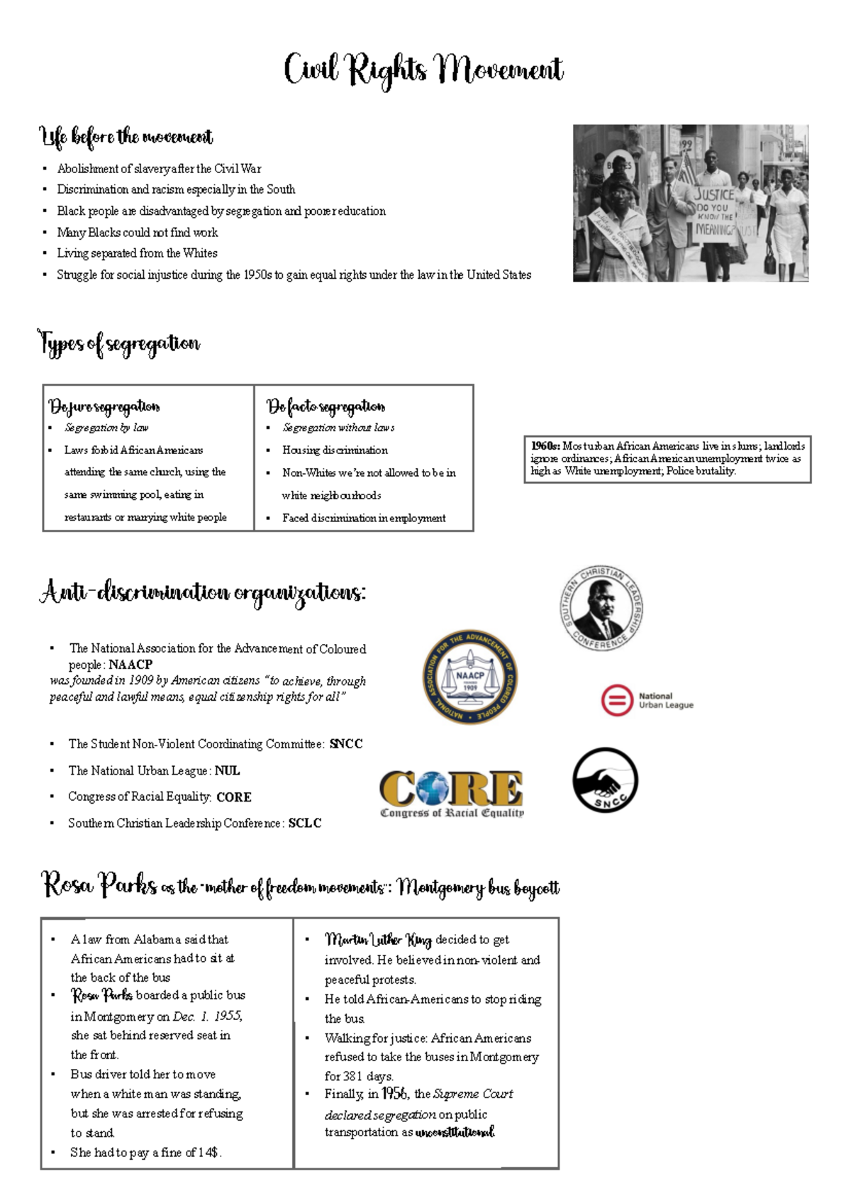 Civil rights movement handout - Civil Rights Movement Life before the ...