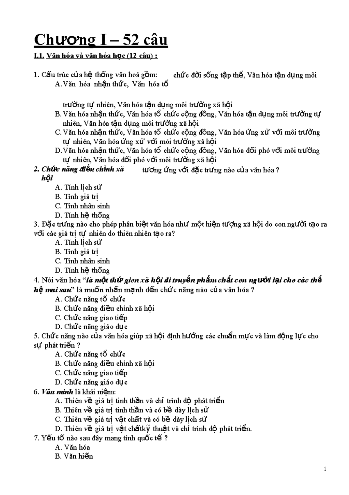 Bộ đề thi trắc nghiệm môn Cơ sở văn hóa Việt Nam (Có đáp án) 993865 - 1 Ch ươ ng I – 52 câu I. Văn - Studocu