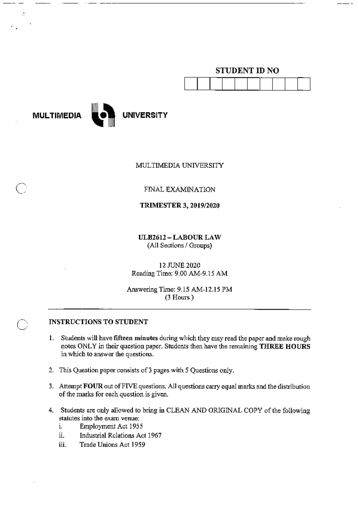 Past Year Question TRI 3 2019/2020 (Labour Law) - degree in law - Studocu