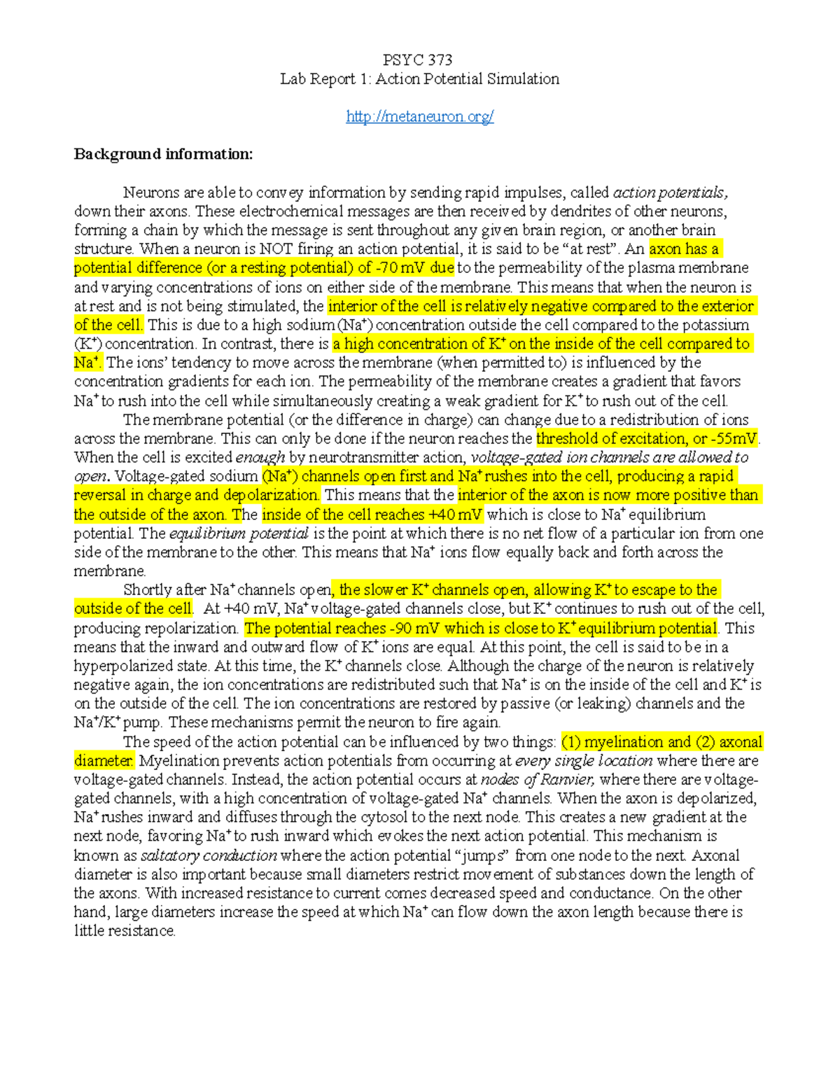 Lab report 1 PSYC 373 Lab Report 1 Action Potential Simulation