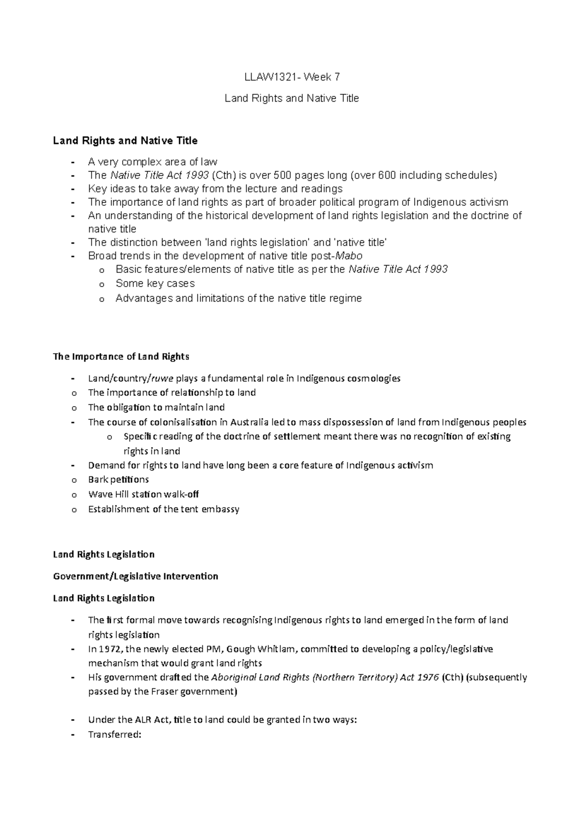 Seminar 7- Land Rights and Native Title - LLAW1321- Week 7 Land Rights ...