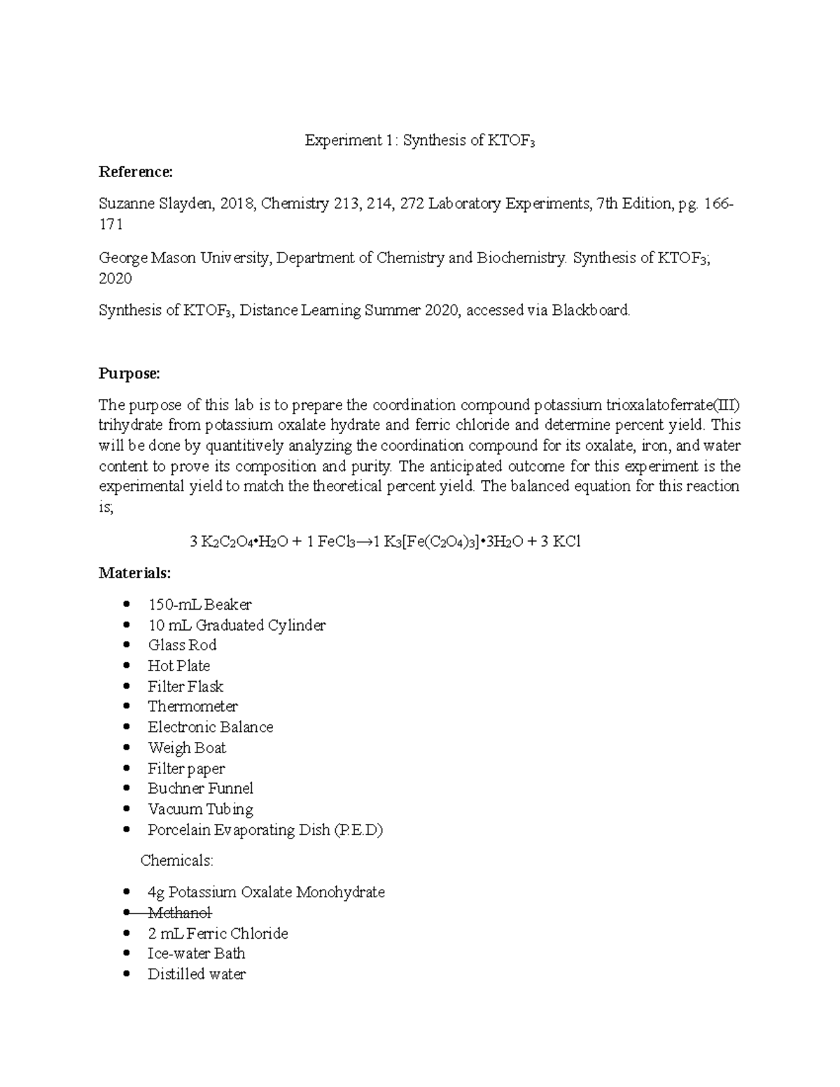 Chem 2 Lab 2 - Chemistry Lab Report - Experiment 1: Synthesis Of KTOF 3 ...