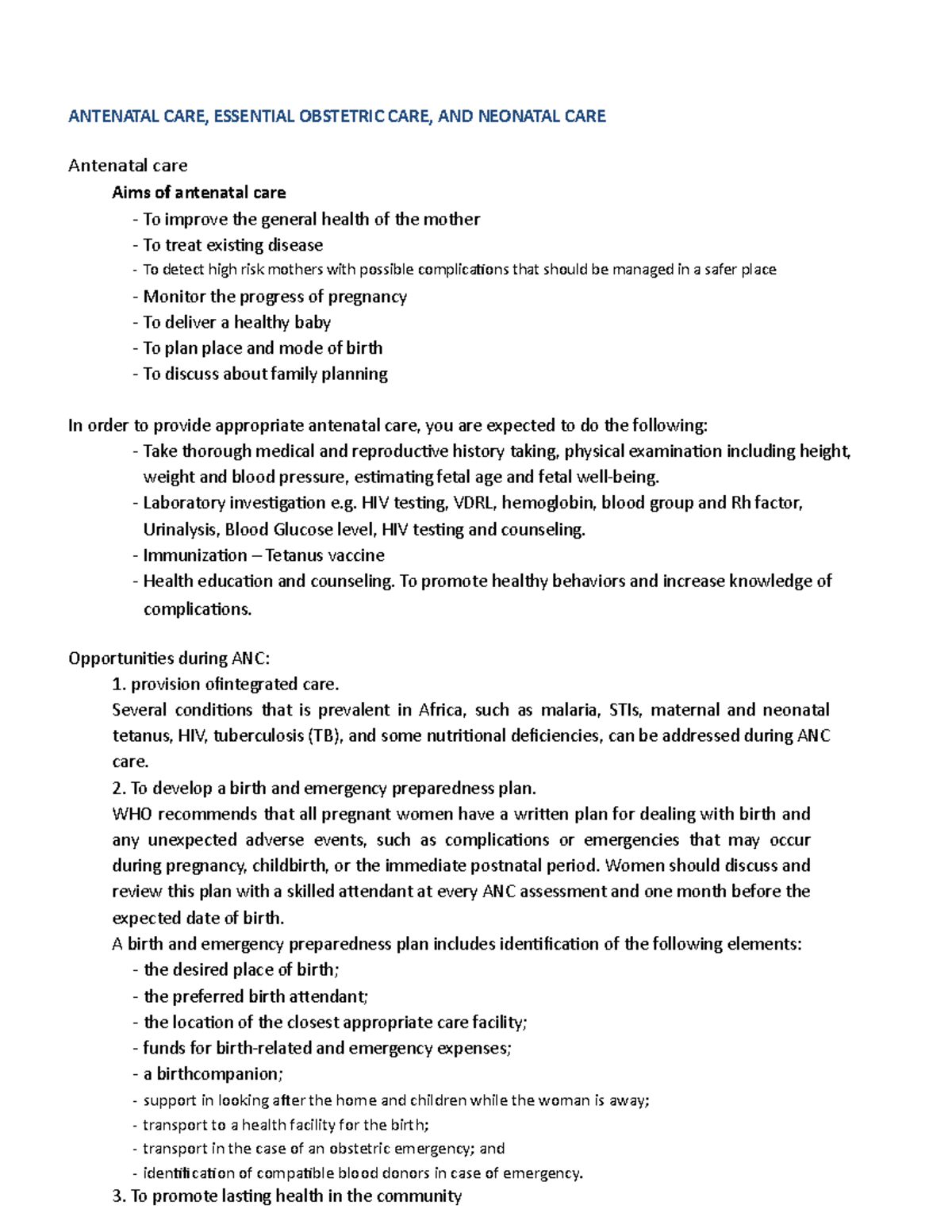 Antenatal Care, Essential Obstetric Care, and Neonatal Care ANTENATAL