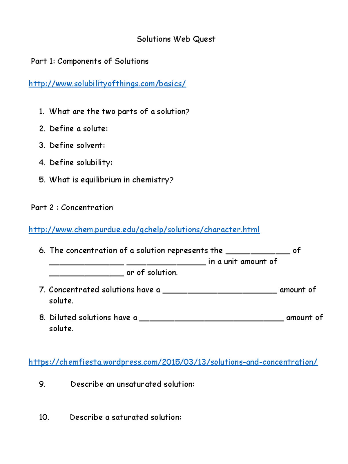 Solutions webquest review - Solutions Web Quest Part 1: Components of ...