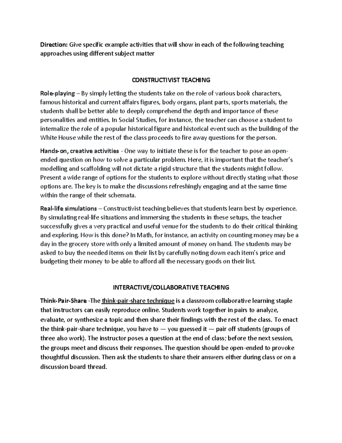 Constructivist Teaching - Direction: Give specific example activities ...