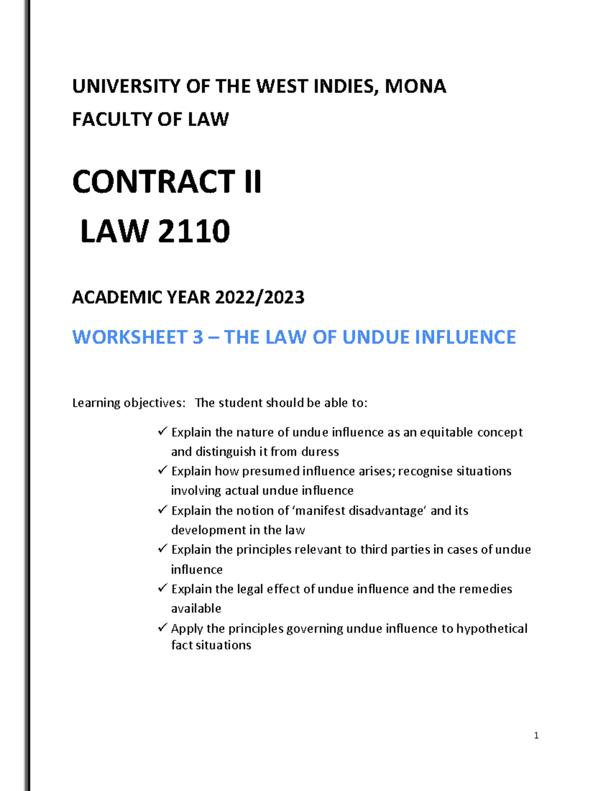 Contract II - Worksheet 3 - Undue Influence 2022 - UNIVERSITY OF THE ...