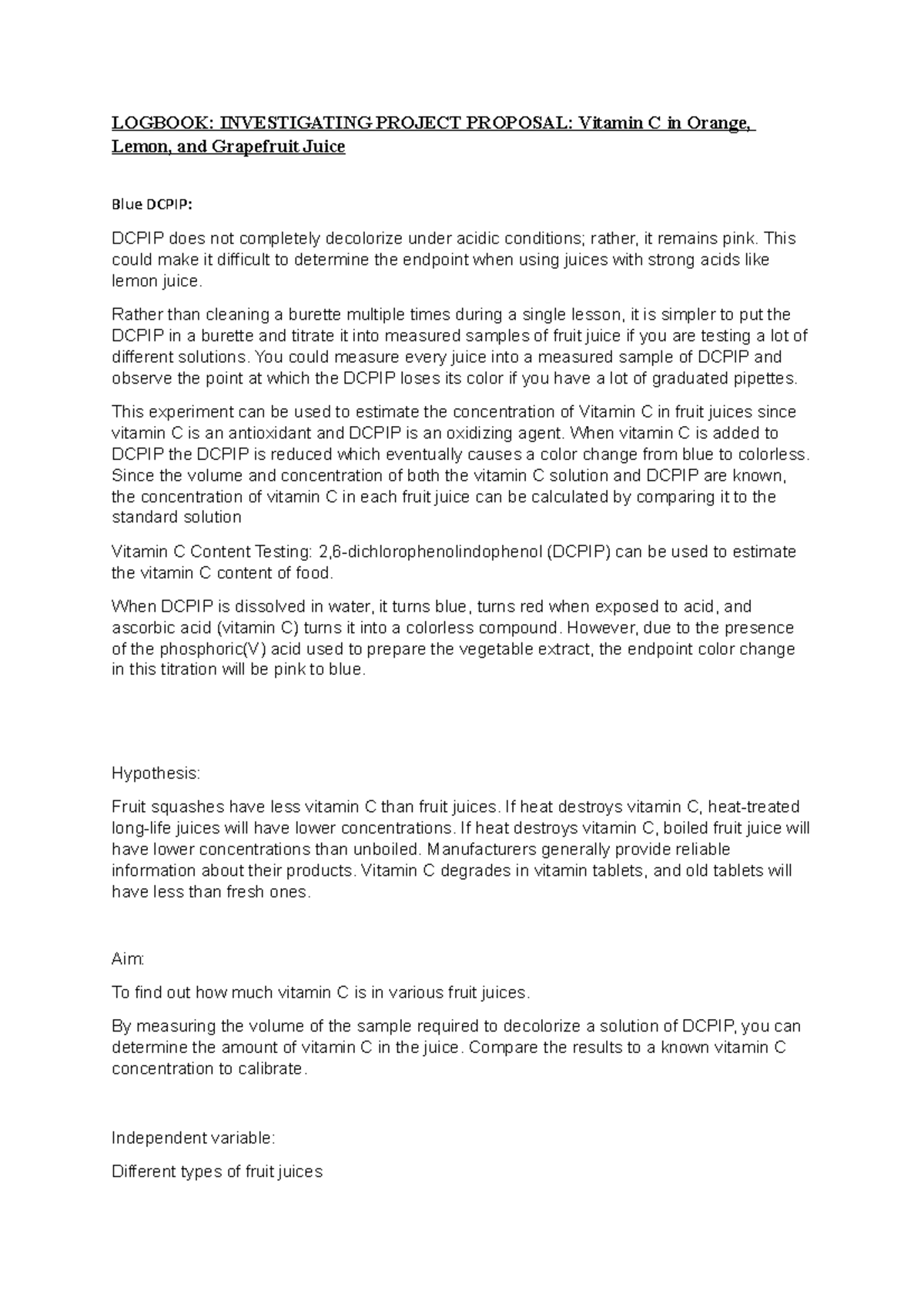 Unit 6A - Logbook - LOGBOOK: INVESTIGATING PROJECT PROPOSAL: Vitamin C ...