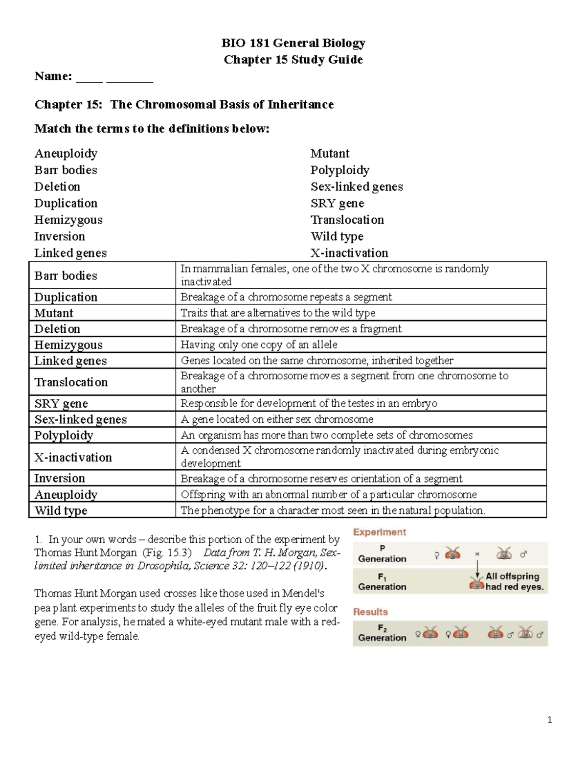 Chapter 15 Study Guide F23 - BIO 181 General Biology Chapter 15 Study ...