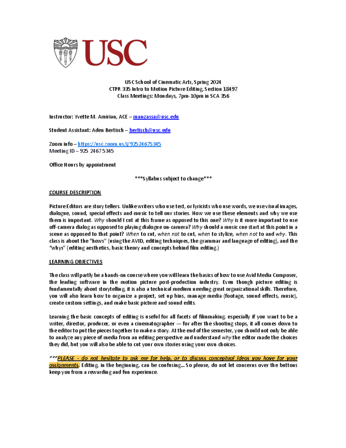 CTPR 335 Syllabus - intro to editing - USC School of Cinematic Arts ...