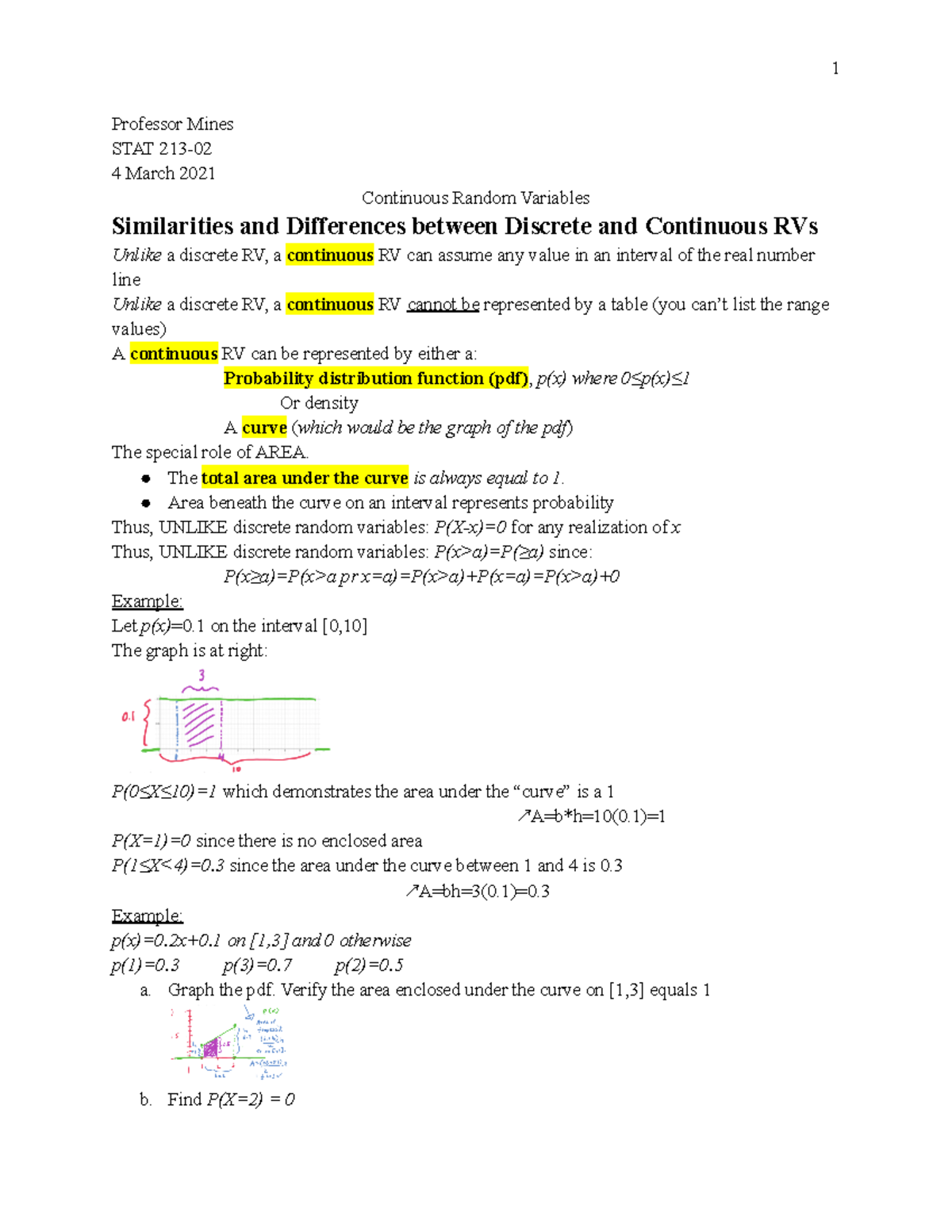 STAT 213-02 (9) Continuous Random Variables - Professor Mines STAT 213 ...
