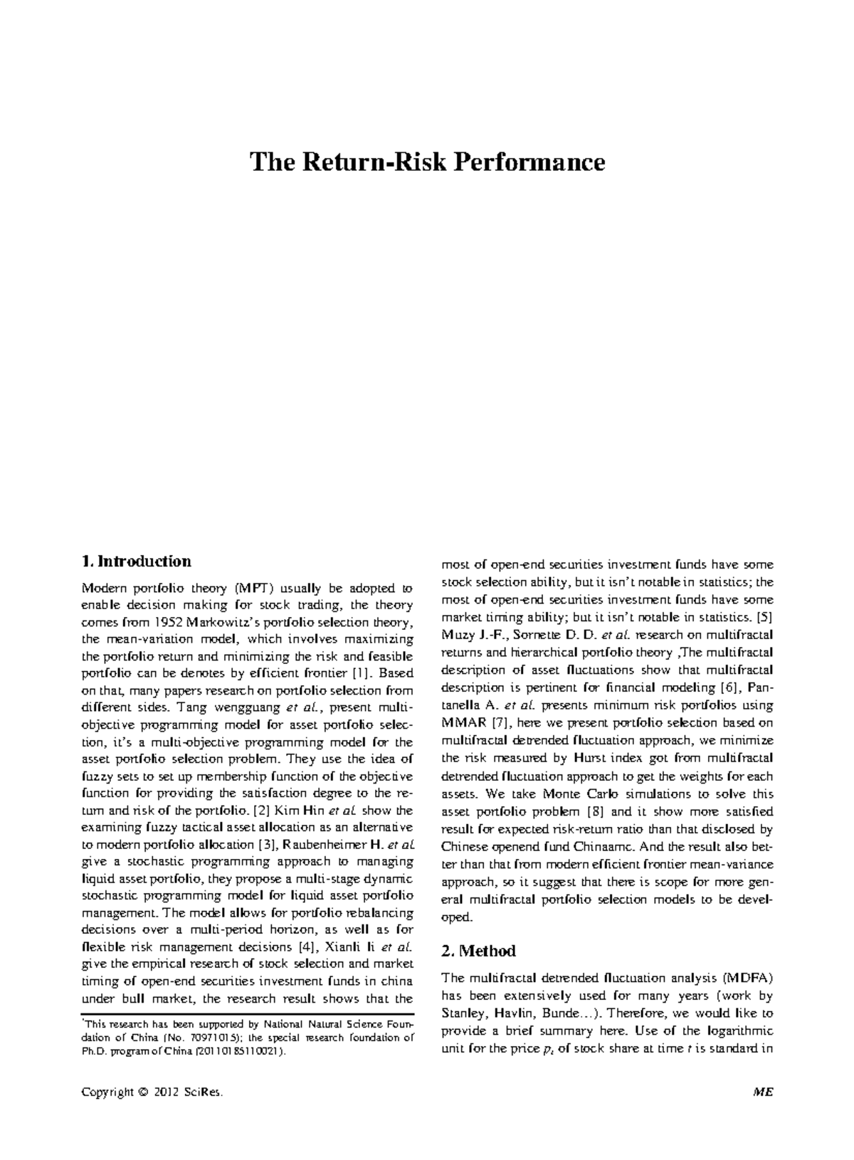 The ReturnRisk Performance Introduction most of openend securities
