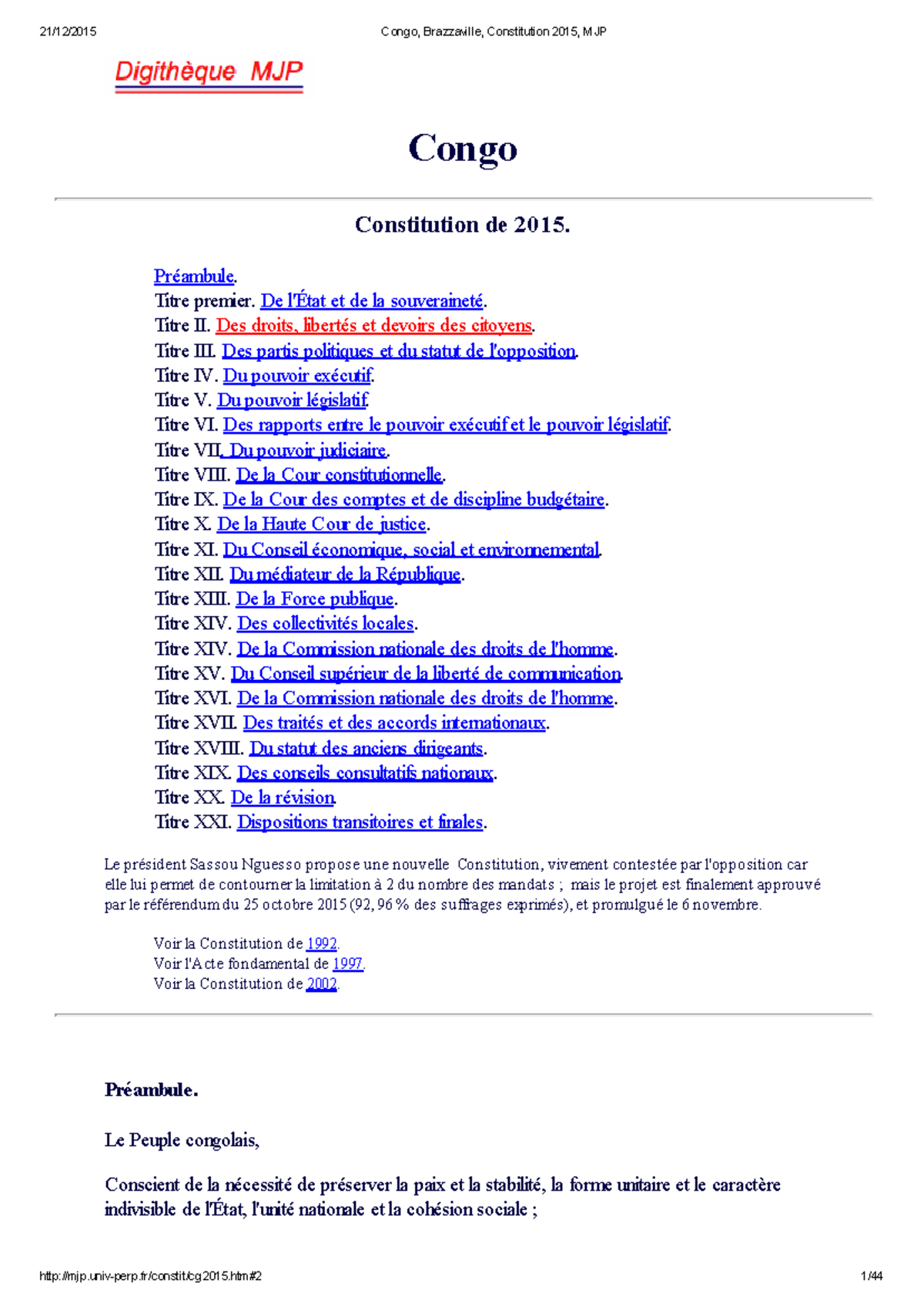 COG100814 Droit constitutionnel congolais Congo Constitution de