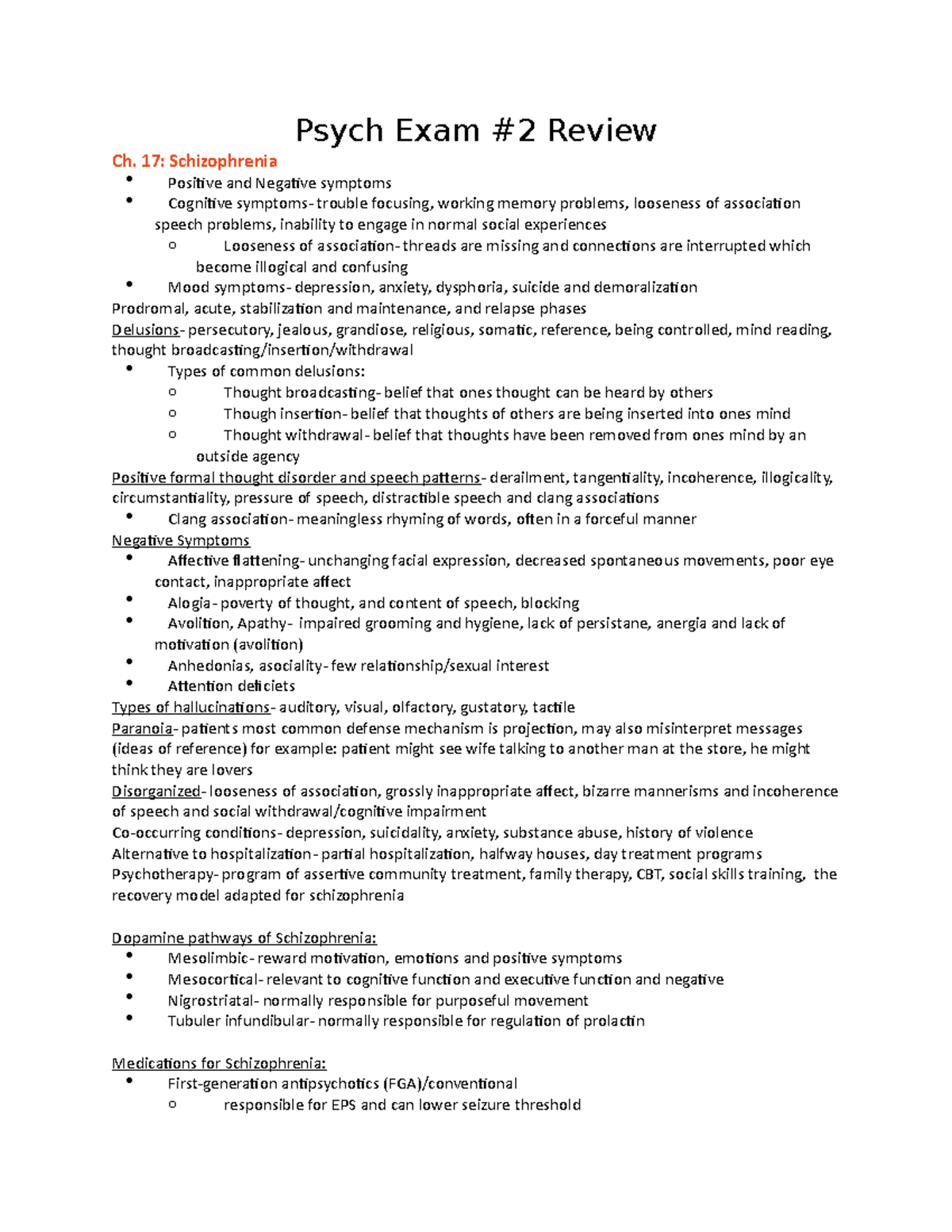 Exam 2 Review - Psych Exam #2 Review Ch. 17: Schizophrenia Positive and ...