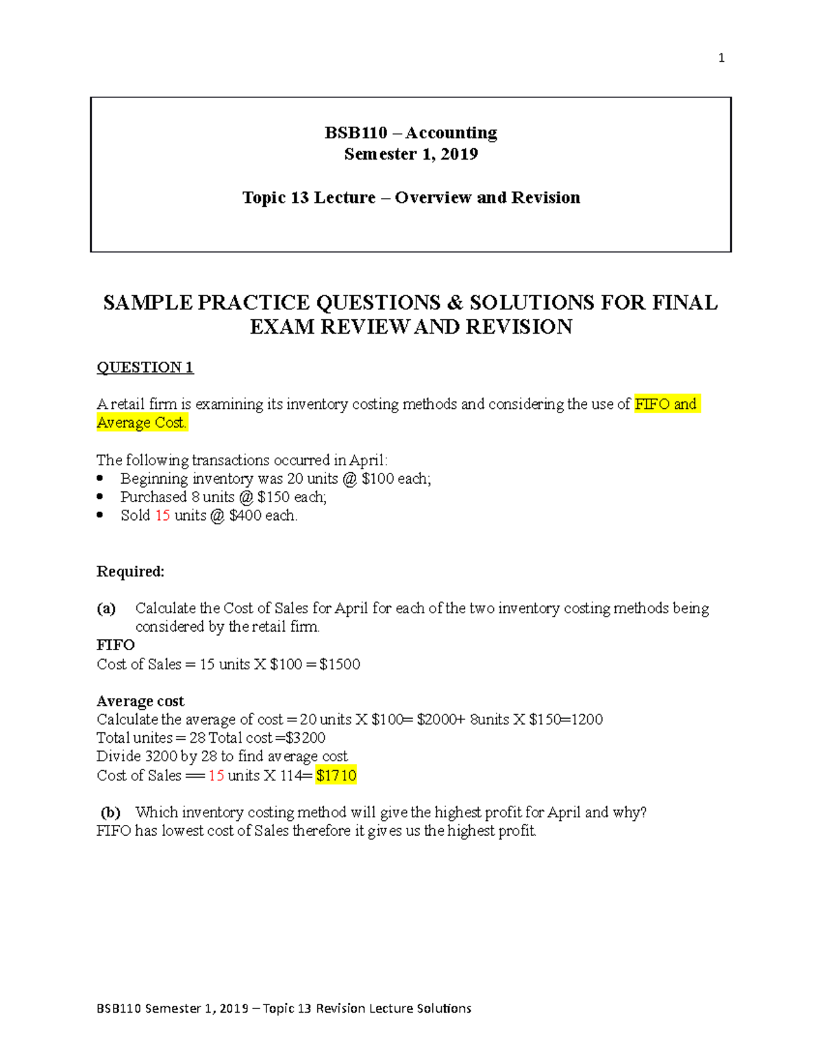 New Topic 13 Revision Lecture - 1 BSB110 – Accounting Semester 1, 2019 ...