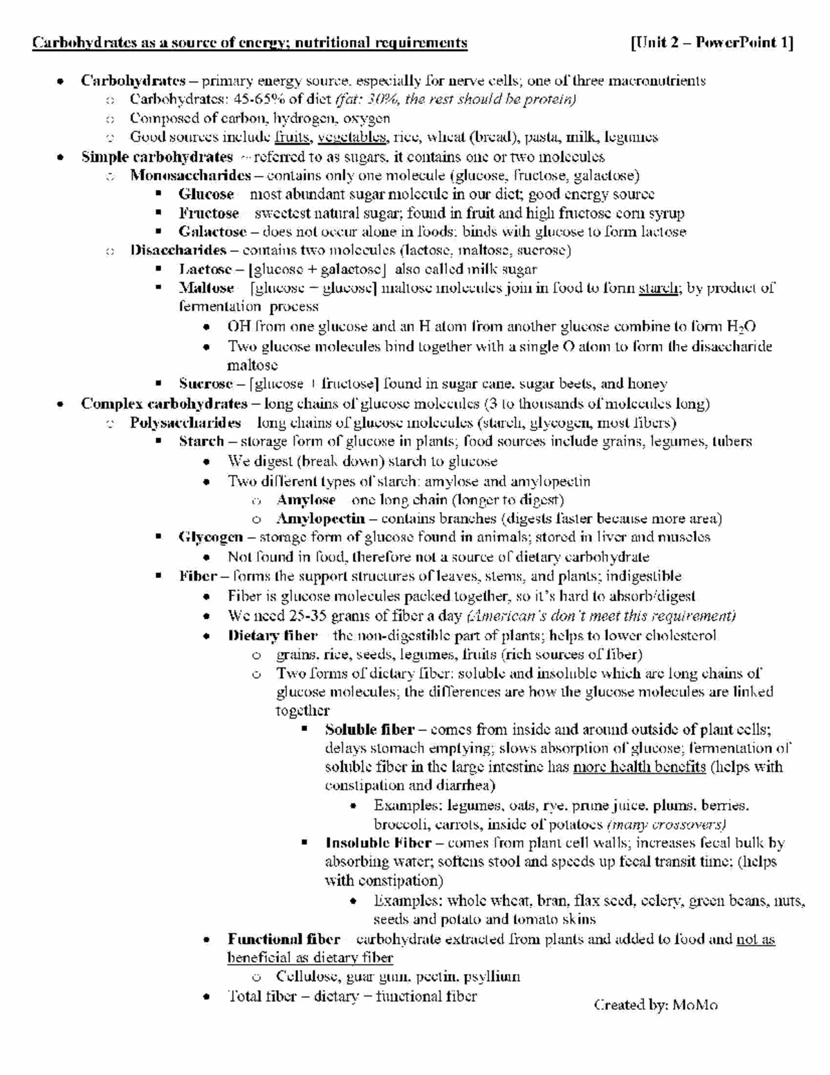 Unit 2 HN 196 Notes - Carbohydrates As A Source Of Nutritional ...