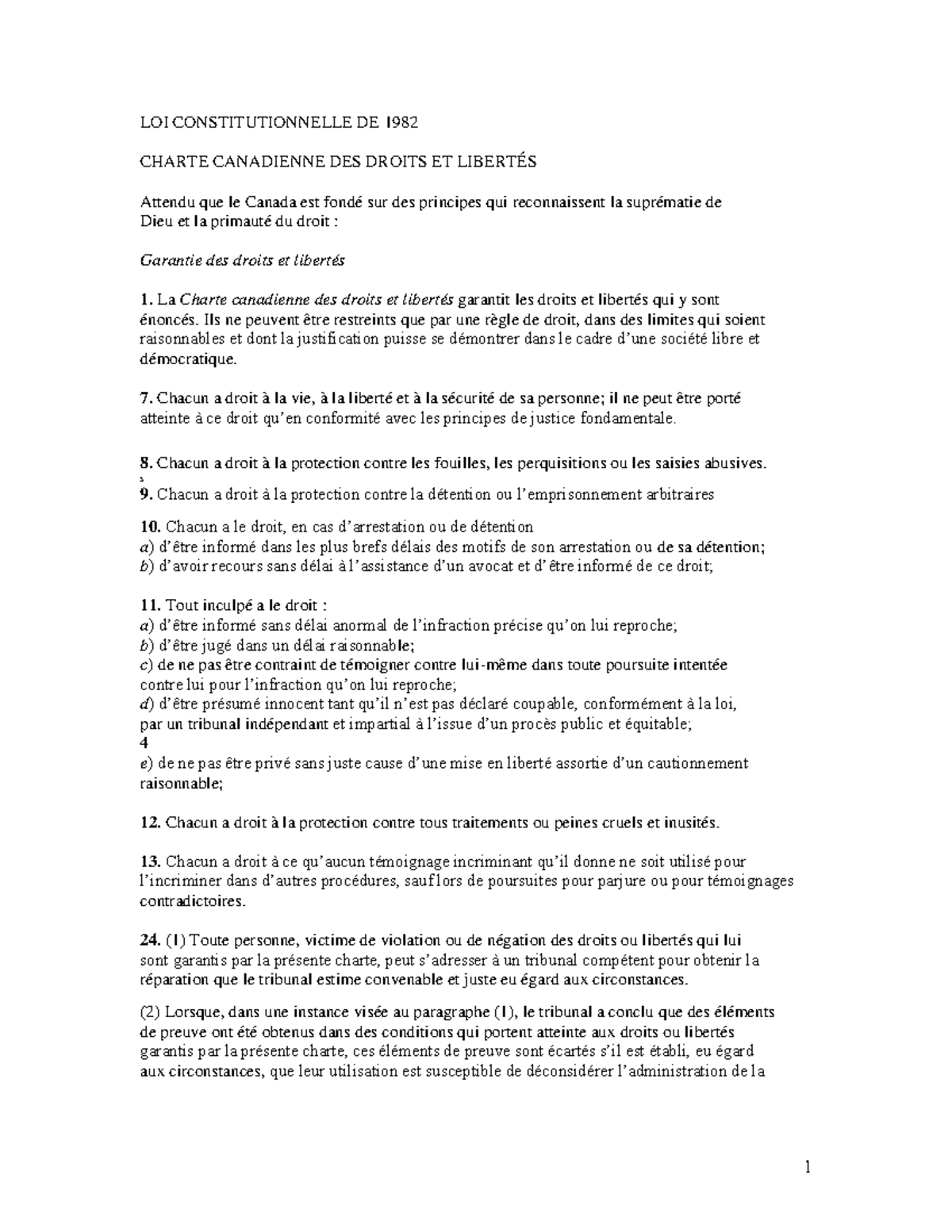 Loi constitutionnelle de 1982 Charte canadienne des droits et libert Ã ...