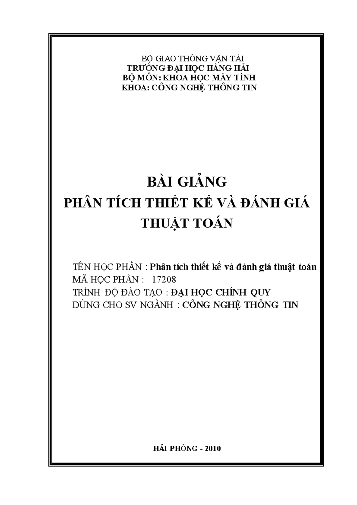 Bai giang phan tich thiet ke va danh gia thuat toan - BỘ GIAO THÔNG VẬN ...