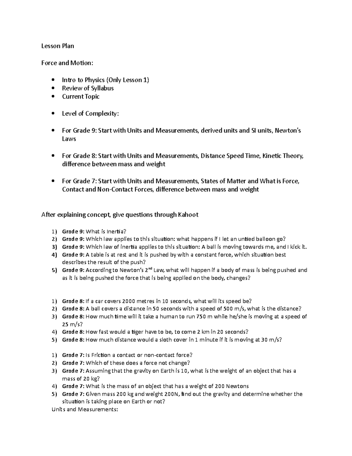 Lesson Plan Physics Crash Course Lesson Plan Force And Motion Intro To Physics Only Lesson 0725