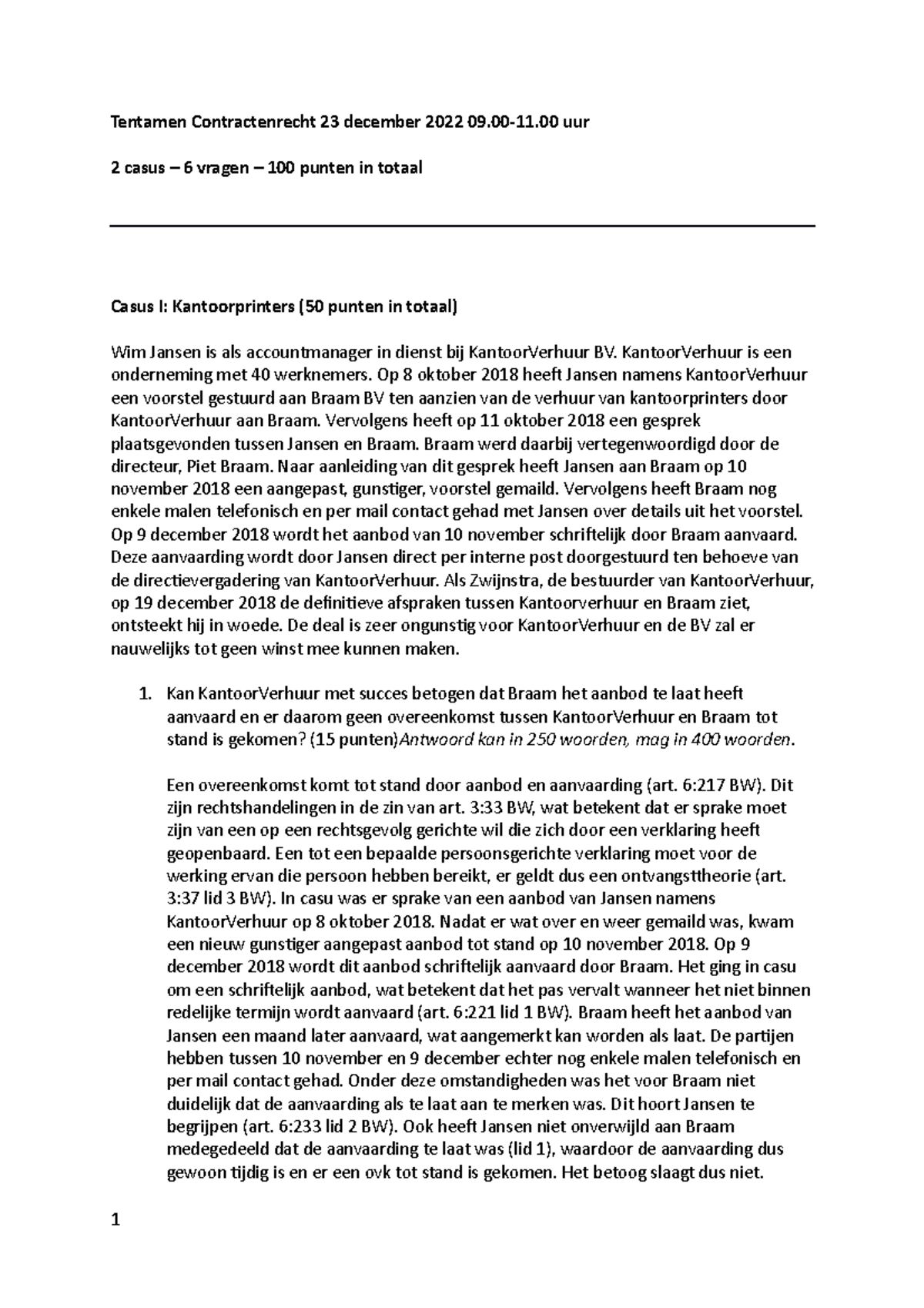 Tentamen Contractenrecht 23 December 2022 - Tentamen Contractenrecht 23 ...