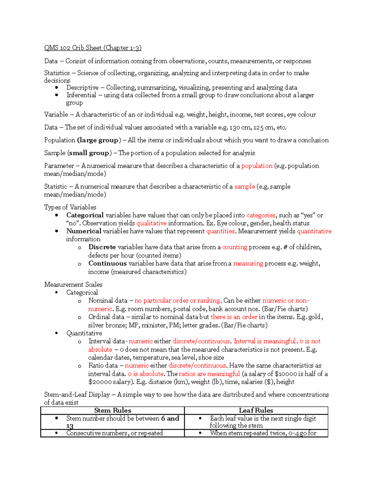 Crib Sheet (Chapter 1-3) - weight, height, income, test scores, eye ...