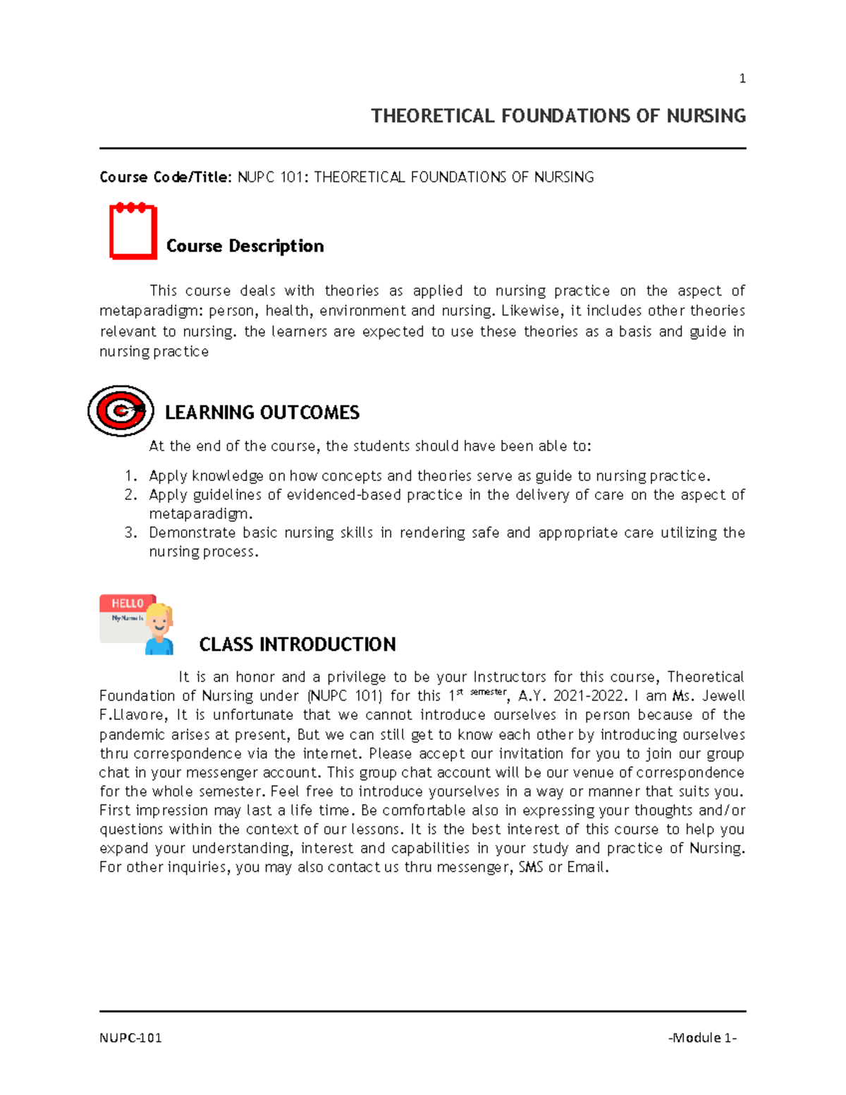 TFN Module 2021-2022 - THEORETICAL FOUNDATIONS OF NURSING Course Code ...