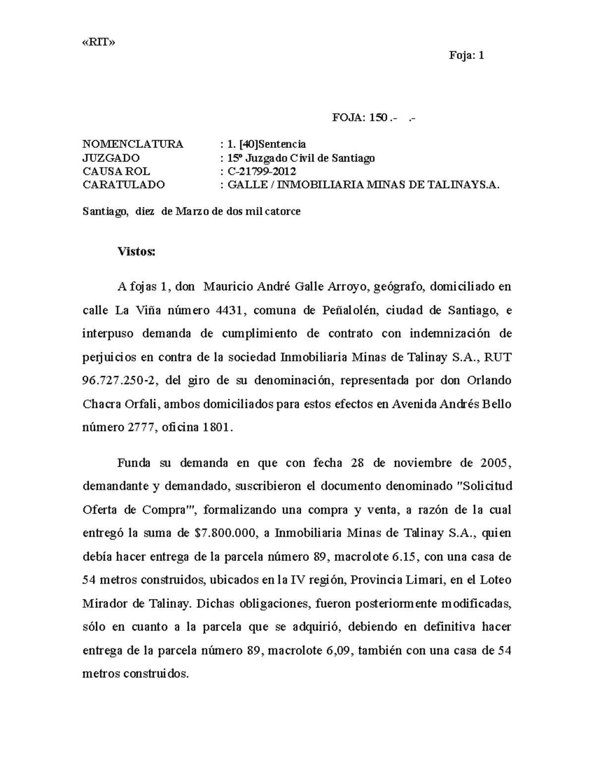 Sentencia Presripciion DE Accion Contrato Venta - Foja: 1 FOJA: 150 ...