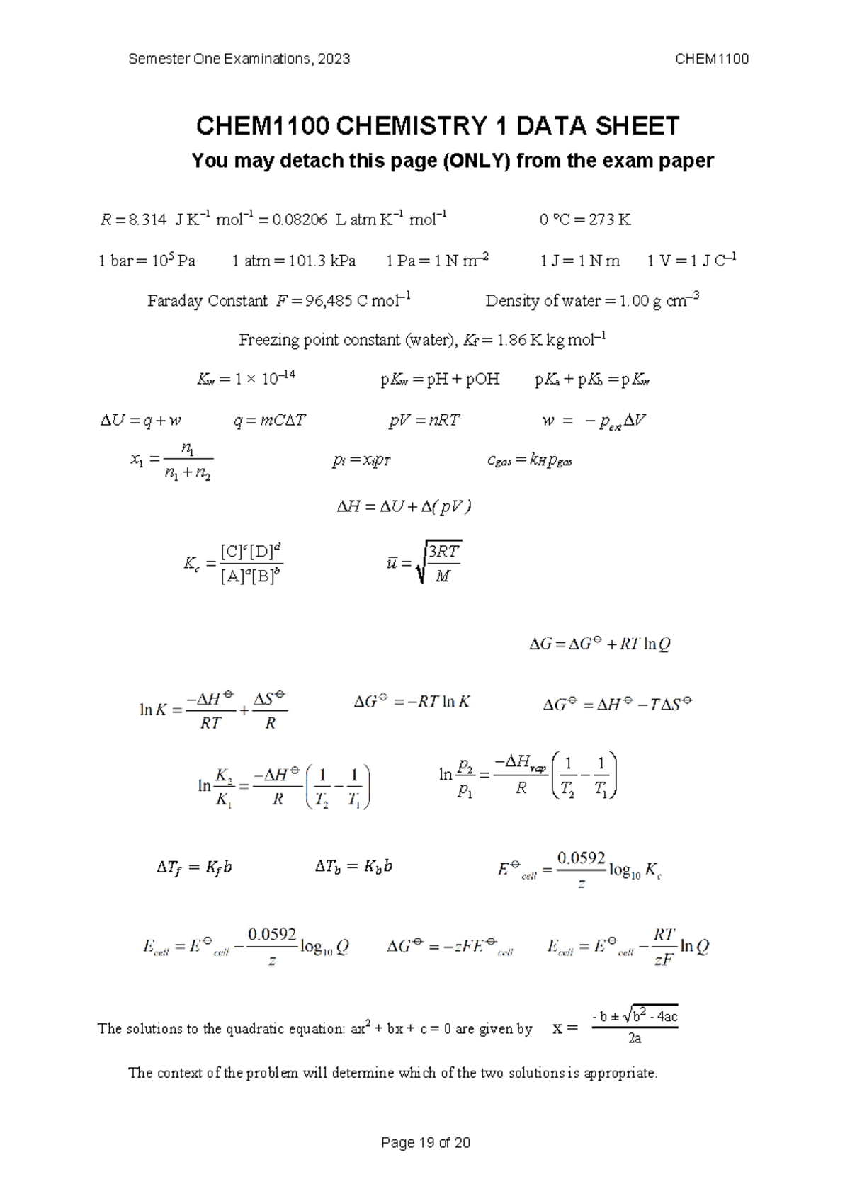 Data Sheet Final Exam 2023 - Semester One Examinations, 2023 CHEM Page ...