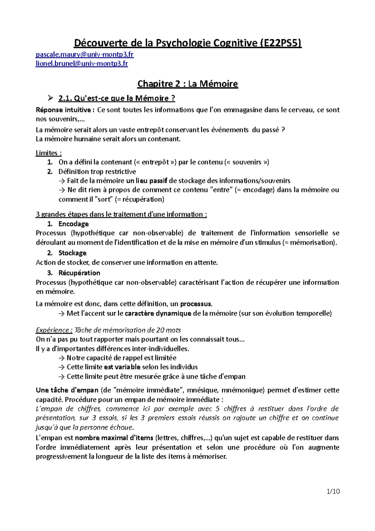 CM - Découverte De La Psychologie Cognitive, Chapitre 2 - Découverte De ...