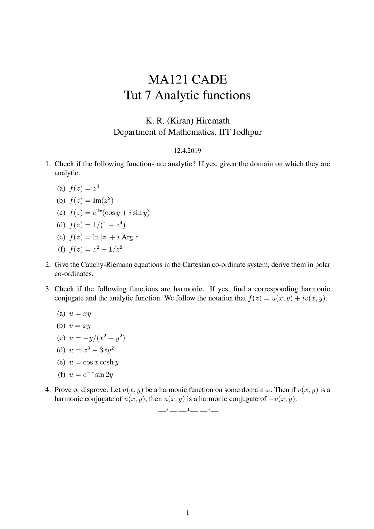 Tutorial 07 Analytic Functions Ma121 Cade Tut 7 Analytic Functions K R Kiran Hiremath Studocu
