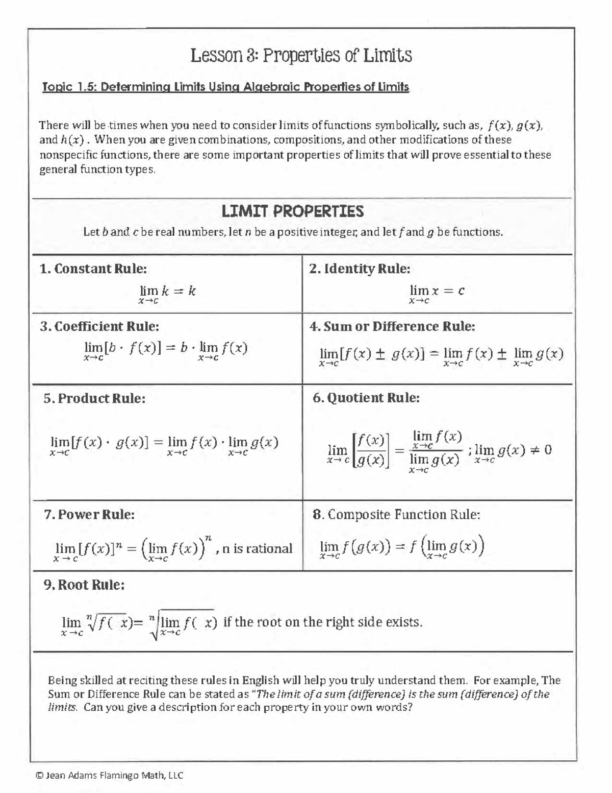 properties of limits homework 1.3