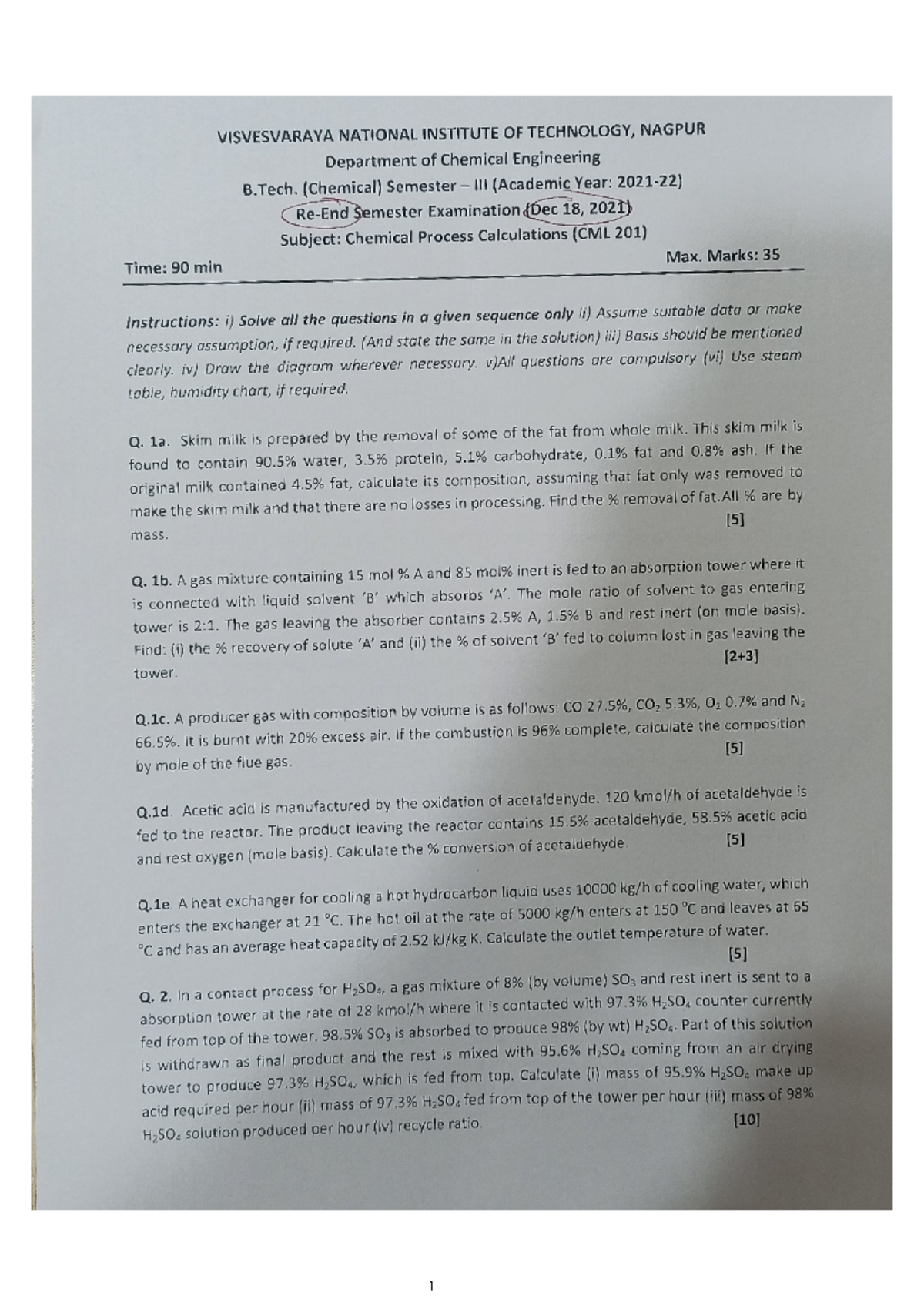CPC Re-End Semester Question papers - VISVESVARAYA NATIONAL INSTITUTE ...