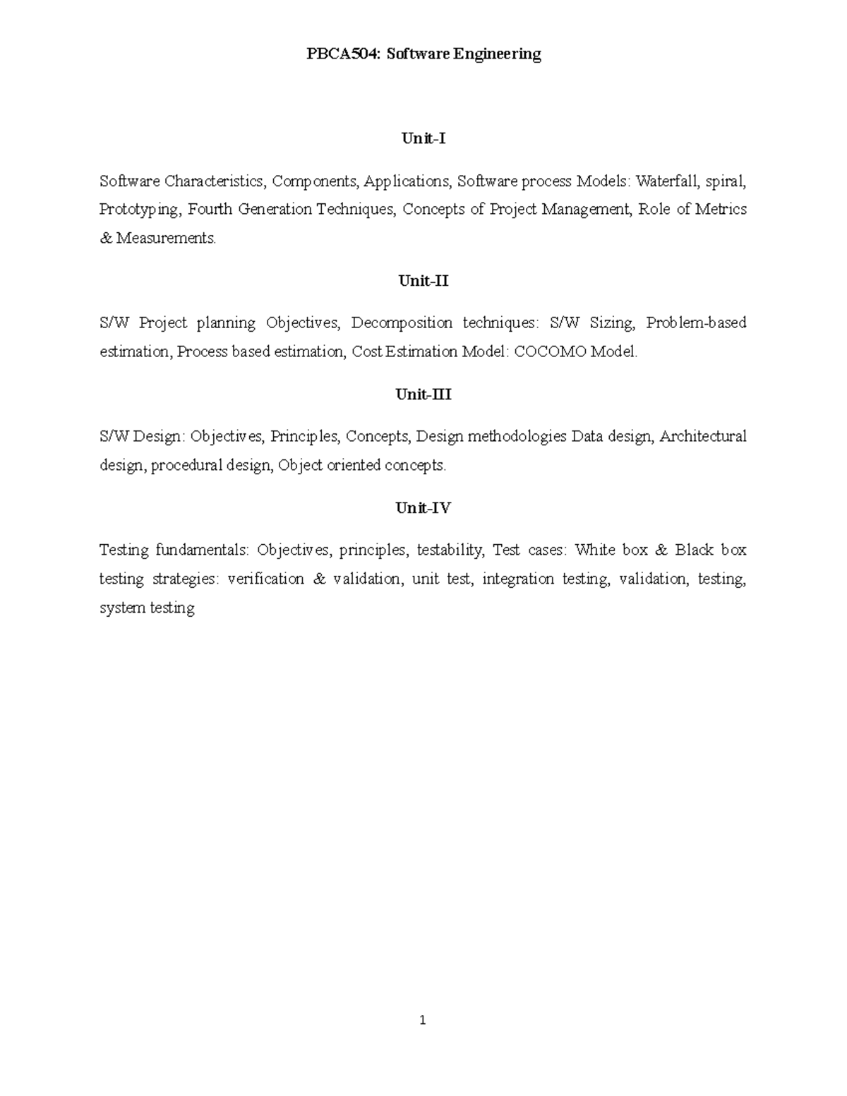 Unit1 SE - Lecture notes 1 - PBCA504: Software Engineering Unit-I ...
