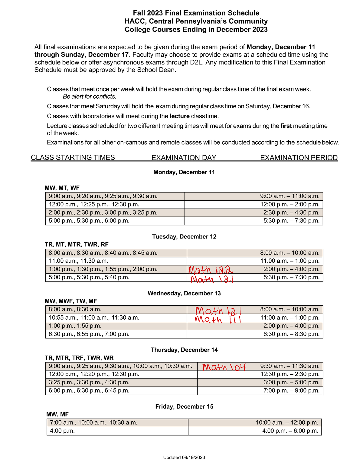Fall 2023 Final Exam Schedule Fall 2023 Final Examination Schedule