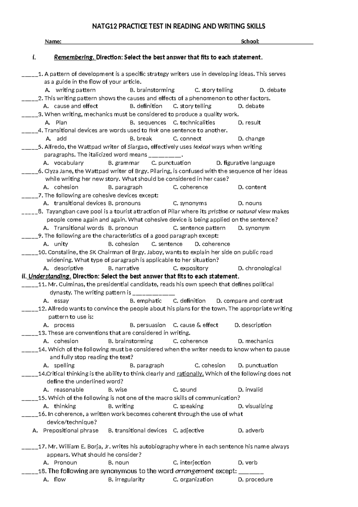 Reading-and-Writing - NATG12 PRACTICE TEST IN READING AND WRITING ...