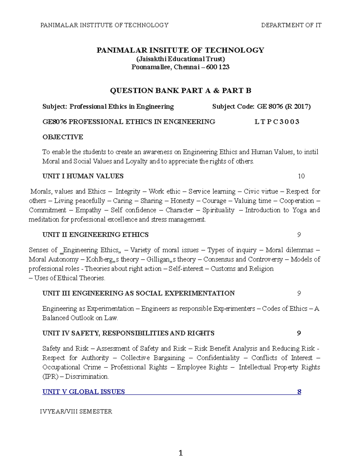 GE8076 Professional Ethics IN Engineering - PANIMALAR INSTITUTE OF ...