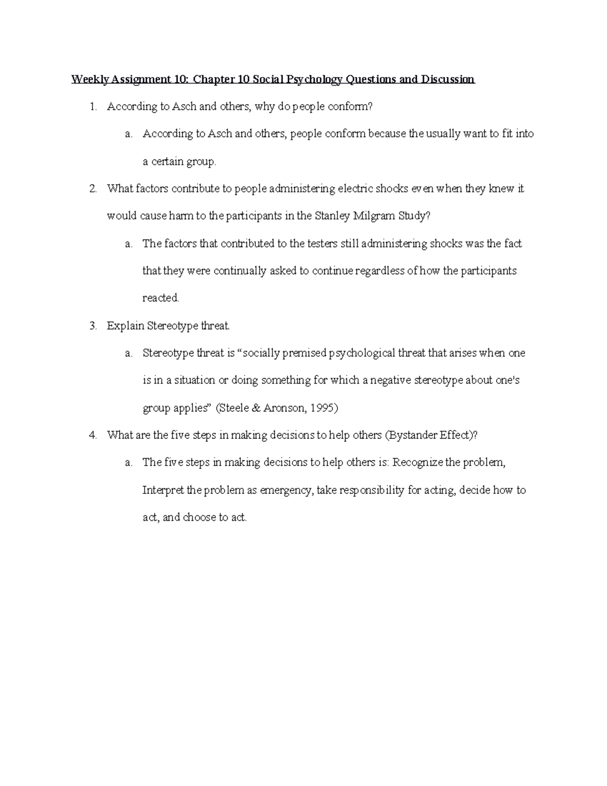 PSYC 101 Weekly Assignment 10 - Weekly Assignment 10: Chapter 10 Social ...
