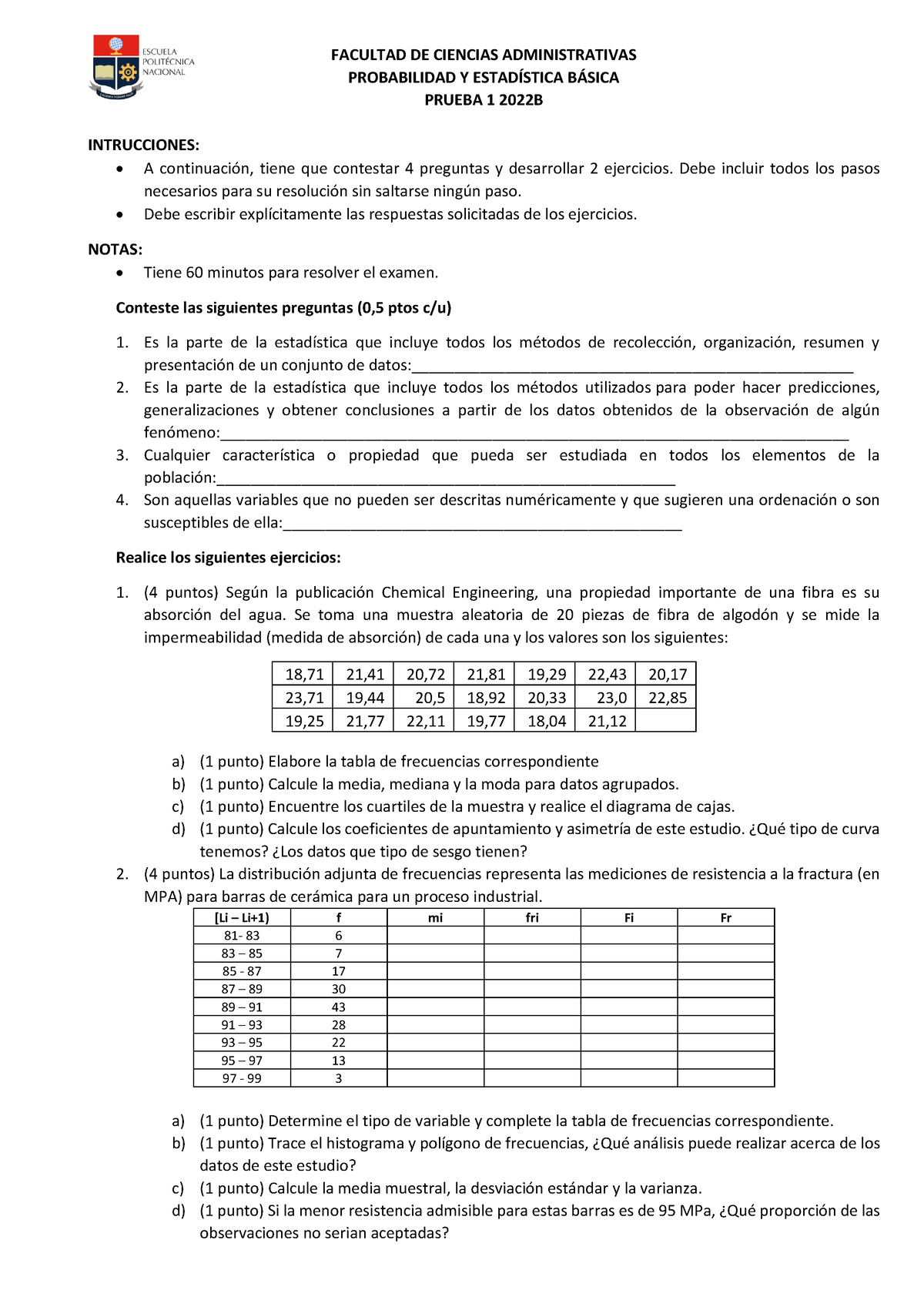 Prueba 1 2022B - FACULTAD DE CIENCIAS ADMINISTRATIVAS PROBABILIDAD Y ...